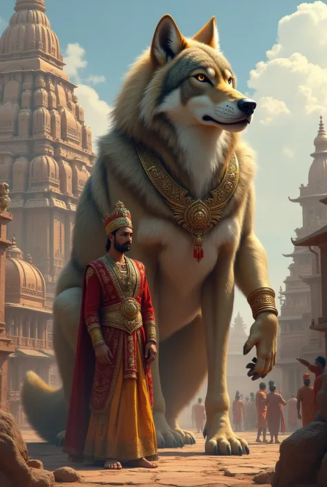 A giant royal Wolf with Ronaldo,Ronaldo is wearing an Indian royal dress, background is Indian 5000 bc city.