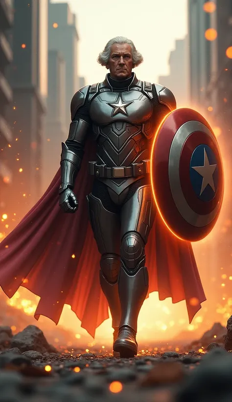 A full-body image of George Washington reimagined as a superhero. He is wearing a modern, metallic, star-spangled suit of armor with a glowing shield in his hand, radiating light. His long cloak flows dramatically behind him as he walks confidently through...