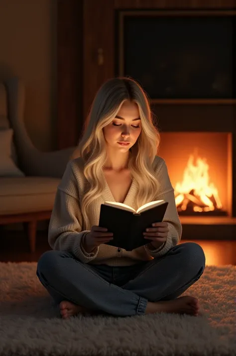 A blonde girl sitting in front of a fireplace with a Kindle ebook, looking at the camera 