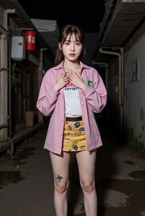 NSFW,
realistic, Press photo, Documentary Technique,
hasselblad, 85mm f1.4 zeiss lens, HDR,
(full body visible:1.5), 
In this photo she is seen from head to toe,
the ground she is standing on is wet,
facing the camera, looking at the camera,
young korean g...