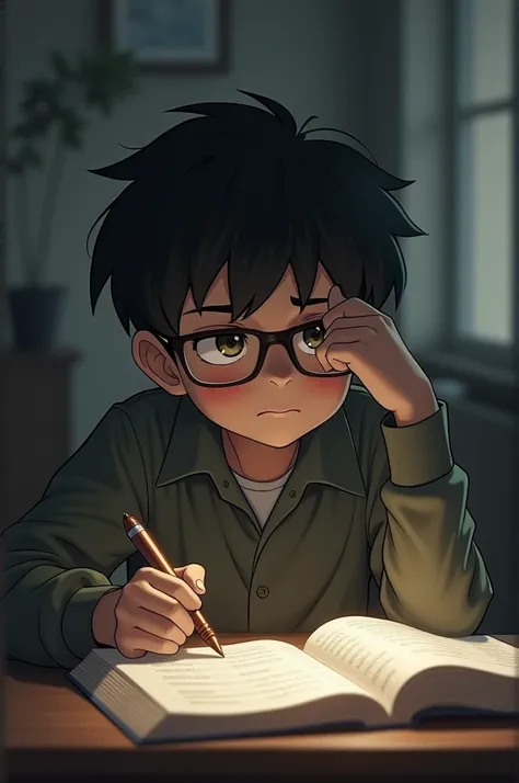 A boy is crying in front of reading table.He hold a pen.He wear eyeglass.He looked at left side.