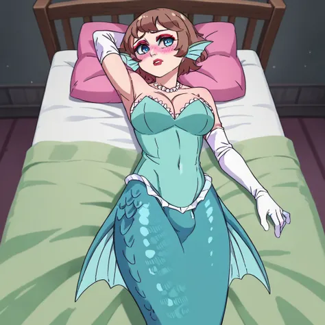 1boy, solo, alone, bed, red lips, brown hair, short hair, spike hair, fin ears, finger fins, blue eyes, red eyeshadow, pink blush, pink lips, shy, large breasts, lying on bed, Laura La Mer mermaid dress, green mermaid dress, bulge large penis under mermaid...