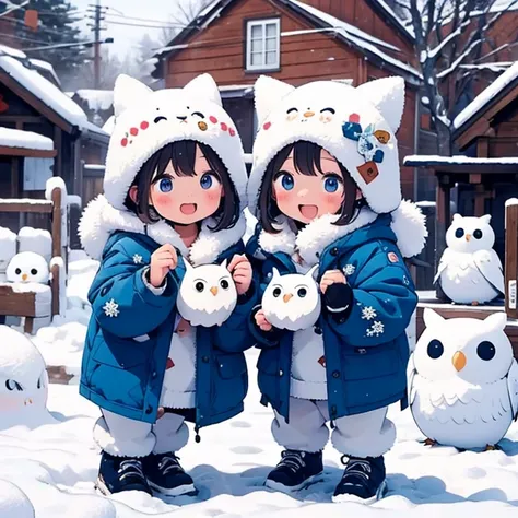 masterpiece、A snowy town 、Two girls personify baby owls 、  body 、Chibi、    catches an owls ears and tail 、snowball fight  ,  happy expression