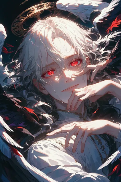 (outrageous, high-resolution, ultra-precise), (man), single, handsome, detailed eyes and detailed faces, visual art, mysterious, white hair, red eyes, (boy), long hair, angel, black wing, soft black feather background, smiling eyes, tears, falling from the...