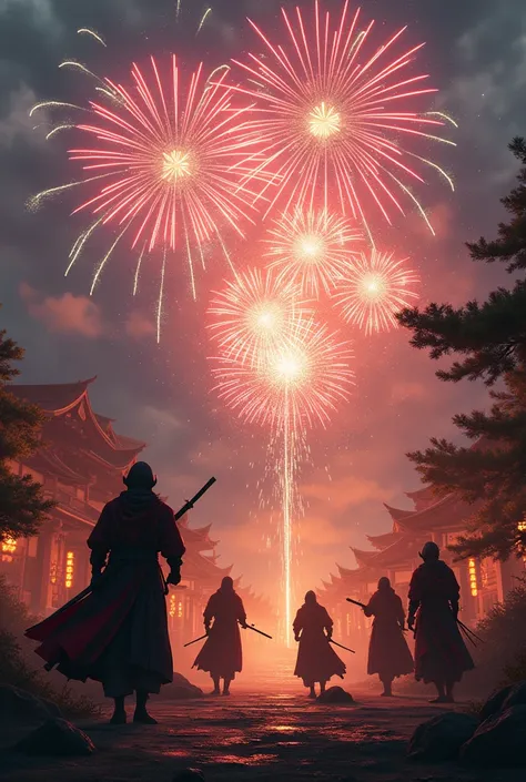 A clan of ninjas celebrates a victorious mission with a stunning firework display in a hidden village nestled in the mountains. The ninjas, dressed in traditional black and red attire, launch fireworks that create intricate patterns and symbols in the sky,...