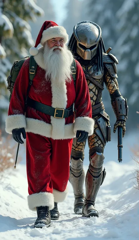  high resolution ,  masterpiece, Exactly,  has received several awards,  best quality ,  high quality, Hohe Details,  super detailed , UHD, 8k, Hyperrealism, realistic,  Santa Claus walks next to a predator,  full body character sheet , super realistic