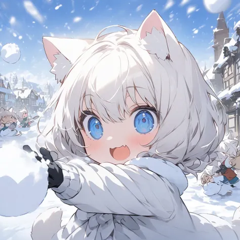 masterpiece、A snowy town 、Two girls personifying kittens 、  Body 、Chibi、Cat ears and tail、snowball fight  , happy expression