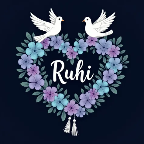 The image is a digital illustration of a heart-shaped wreath with the word "Ruhi" written in the center. The wreath is made up of various flowers and leaves in shades of blue, purple, and green. The flowers are arranged in a circular pattern around the hea...