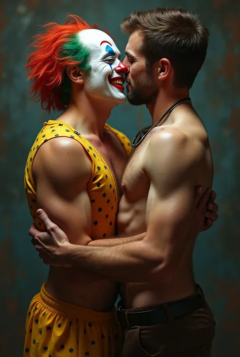 Man and clown having sex. The clown was so happy that he took off his pants and boxer shorts