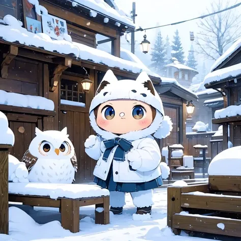 masterpiece、A snowy town 、Two girls personify baby owls 、  body 、Chibi、    catches an owls ears and tail 、snowball fight  ,  happy expression