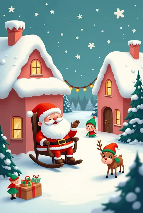 A cute illustration of Santa Claus village. Santa Claus is seen sleeping on his rocking chair while the elves are busy working. The elves are packing presents and playing with the reindeers. The illustration is pastel-colored, giving it a cute and playful ...