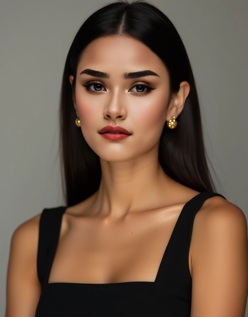 A 24-year-old woman, her face adorned with bold makeup for daily wear, showcases a confident and poised expression. Her sleeveless black top features a square neckline, emphasizing her sophisticated yet modern style. Her hair is smoothly styled to compleme...