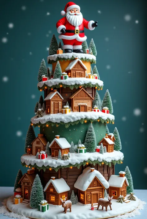 4-story Christmas cake ,  the lower floor with a town of wooden houses with lights all snowy ,  second floor from the bottom with a snowy pine forest with some reindeer and a sleigh, the third floor from the bottom with colorful Christmas presents  ( reds,...