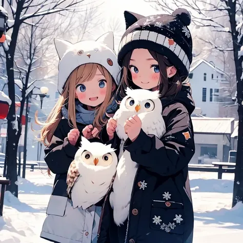 masterpiece、A snowy town 、Two girls personify baby owls 、  body 、Chibi、    catches an owls ears and tail 、snowball fight  ,  happy expression