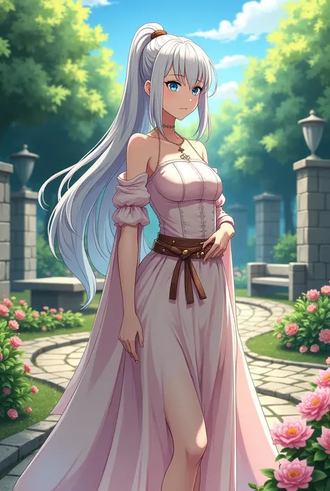 An anime-style depiction of a 16-year-old young woman with a refined shoujo art style, set in a modern isekai fantasy world. She has long, snow-white hair tied in a high ponytail, with soft strands framing her forehead, and a few loose locks gently falling...