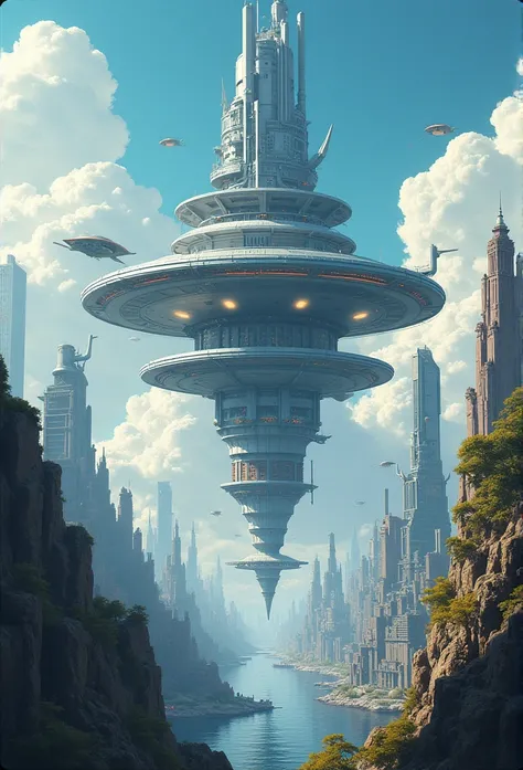 Create futuristic hyperealist works of art, Imagine a floating city in the sky, with complex architectural structures and advanced technology. Paint this futuristic city with a wealth of detail, capturing the bright lights, suspended platforms and flying v...