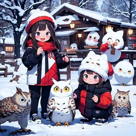 masterpiece、A snowy town 、Two girls personify baby owls 、  body 、Chibi、    catches an owls ears and tail 、snowball fight  ,  happy expression