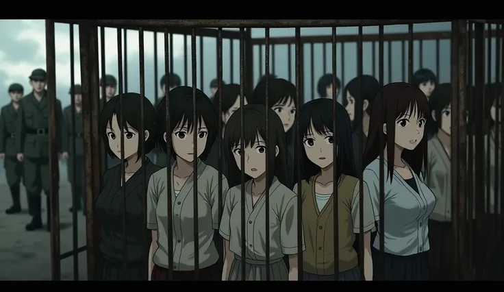 give me a picture of 16 : 9 girls sitting in a cage surrounded by Japanese soldiers preparing to tear them apart