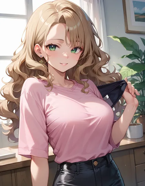 Green eyes, brown, wavy hair, pink shirt, black hot pants, girl