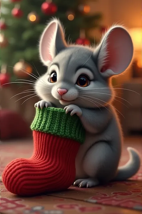 Chinchilla leaning into a Christmas stocking 