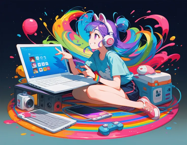 1 girl, colorful , kawaii , rainbow , splatter , Japan animation , smile , High quality ,looking away from the camera, full body,headphone,laptop