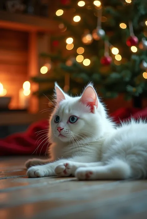 a realistic photo of a white cat lie under a Christmas tree inside a wooden house, light blue eyed cat, Christmas theme, cozy atmosphere, warm lighting, bokeh, diffused light, cinematic, soft focus, depth of field, intricate detail