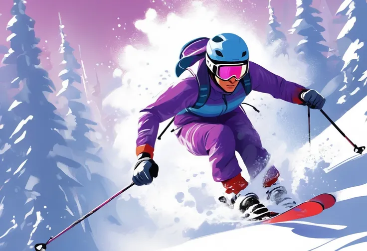 This is a digital illustration in a vibrant, stylized, and modern art style. The subject is a skier in mid-motion, captured in a dynamic striding pose as they navigate down a snowy cross-country decline. The skier is dressed in a bright purple outfit, incl...