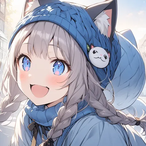  1 girl,  s、Cat ears,  smiles,  braids , Cat ears,  blue eyes, Knitted hat、