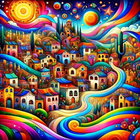 Masterpiece, best quality, high resolution, best composition, dynamic composition, vibrant abstract landscape, colorful village painting with stars, magical village, whimsical fantasy landscape painting, whimsical art, sunshine and whimsical houses, colorf...