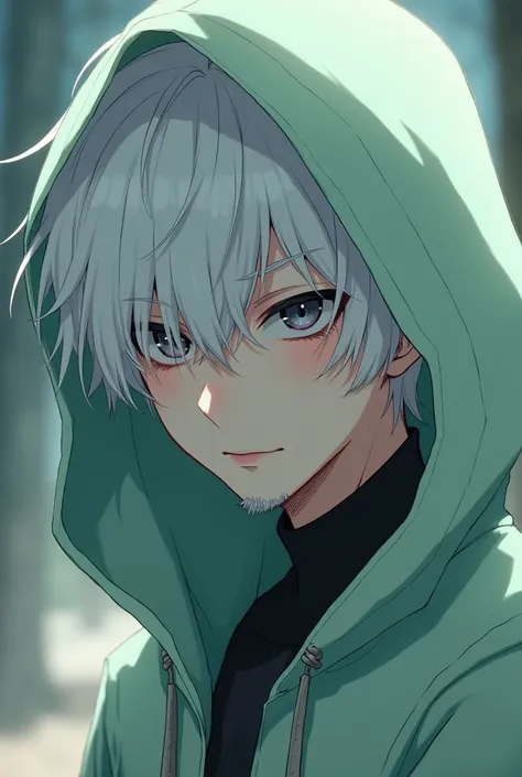 man 22 years old. White hair. Face hair long to close left eye. The right eye is black color. Wear a light green hood with white skin. Anime