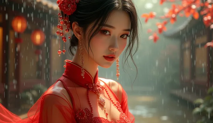 Manhua. A woman, wearing red transparent Chinese clothes, red silk Long, black hair, stylish, beautiful golden brown eyes. walking in the rain, very beautiful. fantasy world. Cinematic light, ethereal light, intricate detail, ultra detail, incredible detai...