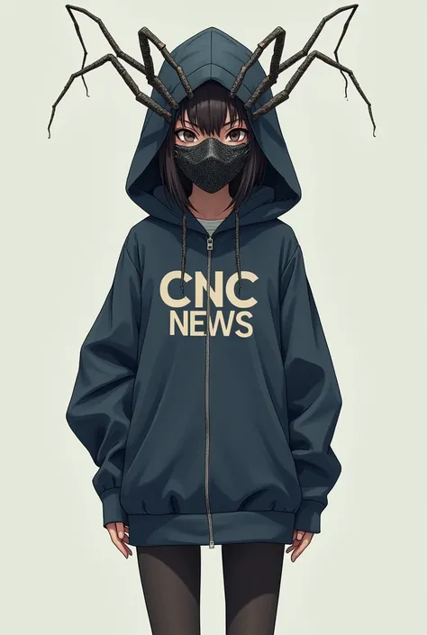 Make a pic of anime girl wearing full spider mask and hoodie with logo"CNC News" standing straight 