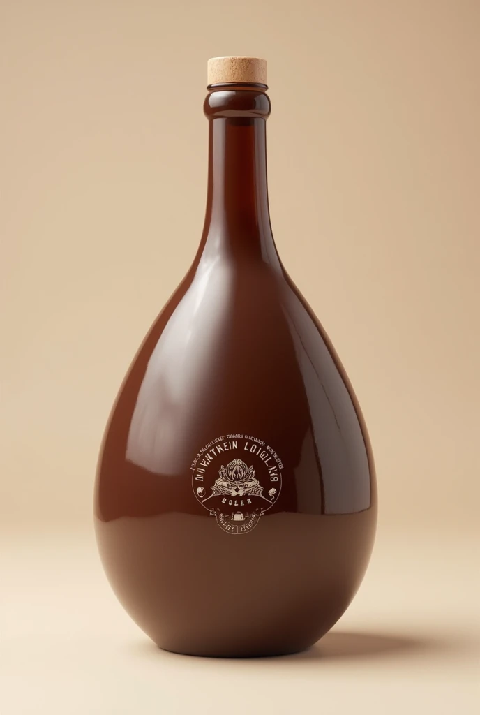  glass bottle shaped like a cocoa bean with funny details. With a funny logo on the bottle 

