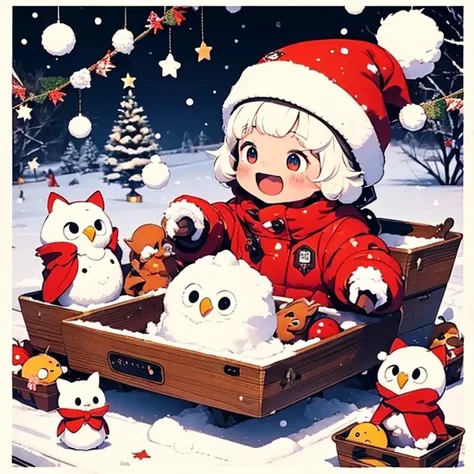   masterpiece  、Christmas winter scenery   、Christmas food  ，Two girls personify baby owls   、  body 、Chibi、        catches an owls ears and tail   、snowball fight  ,    happy expression