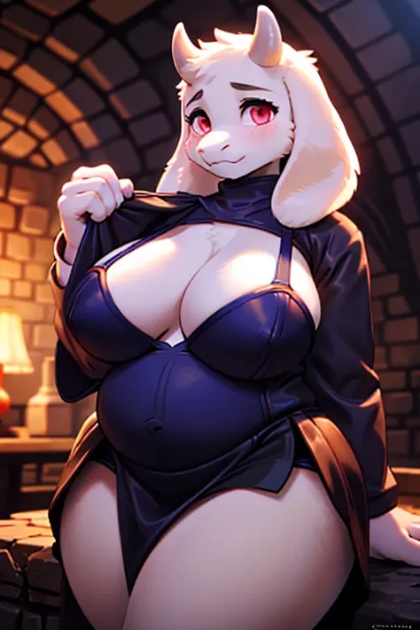 ((sfw)), character from Undertale Toriel, goat Furry, Beautiful cute face, Innocent, Charming, Sexually calm facial expression, Facing the camera, The body is covered with wool, Skin color: white, Body glare, ((pretty eyes)), red-eyes, ((Perfect Sexy Figur...