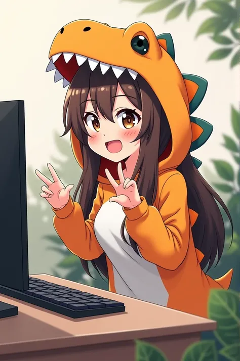 I&#39;m a gamer girl in a dinosaur costume, like a T-Rex, but very cute, in a chair and an excited expression. I&#39;m in front of a PC, typing with excitement, and talking to you about the latest games or study tips, while I do some dinosaur dances. with ...