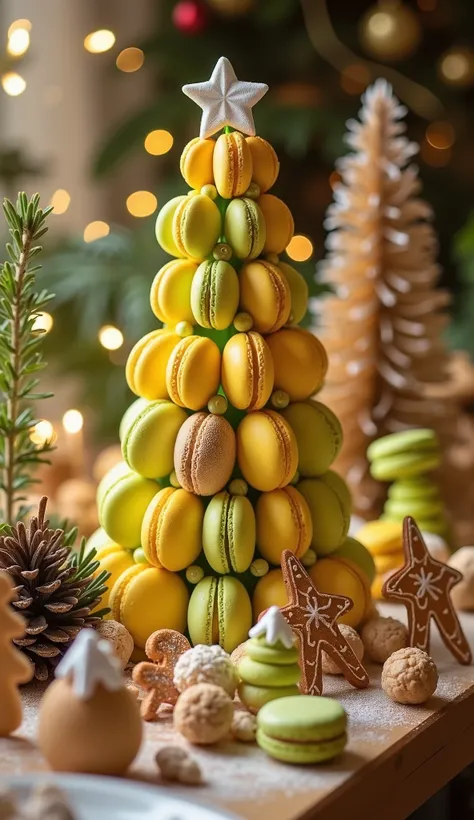 (masterpiece、 High Quality 、 high image quality、8hair、 Details)、 Christmas tree made by stachairing yellow-green macarons、Table decorated with star-shaped sugar candy 、 ginger coohairie decorations 、 Christmas ornaments 、 Romantic atmosphere 、 ph...