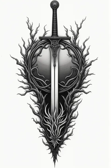 Create a tattoo that has the symbol of Malenia from Elden Ring in the background and the bonfire from Darck Souls but that replaces the sword of the bonfire with the katana of Sekiro. that it be in black and white 