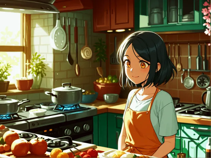 Cute beautiful girl. Family cooking in the kitchen with gas stove. TV animation. Less color. Cold colors.