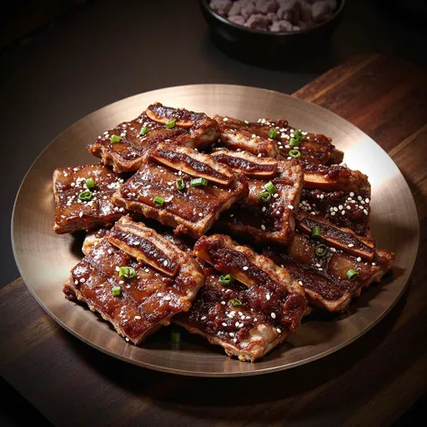 A hyper-realistic image of freshly cooked LA-style short ribs plated on a shiny golden platter. The ribs are steaming hot, glistening with a thick, caramelized barbecue glaze. The meat looks tender and juicy, with slightly charred edges and a perfect golde...