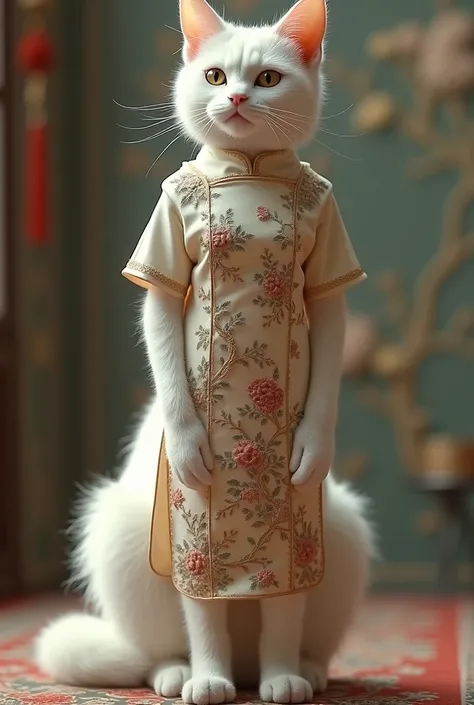 A white cat in a a elegant, high-collared Chinese cheongsam dress with intricate embroidery and a fitted, knee-length design.Her figure should be like human girls, slim, tall, beautiful, having long head hairs and styling like human girls, standing like hu...