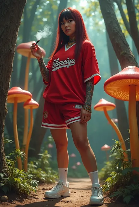 The photo is realistic ----- a brown Filipino woman with the right body. and has long red hair and black with bangs and is wearing a red Jersey oversized with a logo name written (EL MARCIYA) on the front of the dress. and wearing oversized shorts and whit...