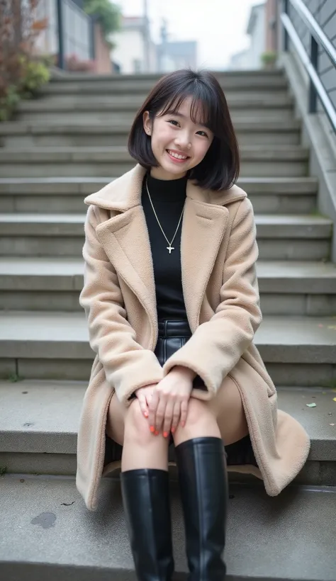 Beautiful  Japanese girl　(((Beautiful 14-year-old Japanese girl sitting at the bottom of the stairs :1.8)))smile((( perfect fit fashionable winter clothes that make your bust look beautiful　  Stylish Miniskirt :1.6)))　Realistic Women　Real women　photograph　...