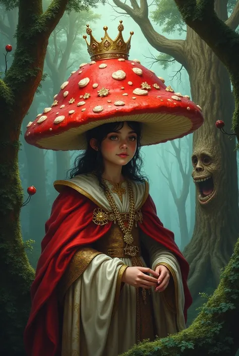  Create a picture with a toadstool . The toadstool is said to be represented as a person and king with a human face.  In the background you can see a spruce tree and a birch tree with a face
