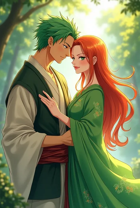 Nami in green saree anime pic in couple with roronoa zoro in samurai dress with green hair 