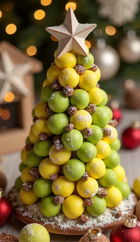 (masterpiece、 High Quality 、 high image quality、8hair、 Details)、 Christmas tree made by stachairing yellow-green macarons、Table decorated with star-shaped sugar candy 、 ginger coohairie decorations 、 Christmas ornaments 、 Romantic atmosphere 、 ph...