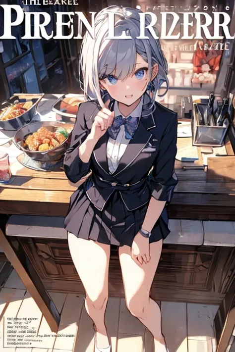 (from above:1.2,Best Quality),a girl , platinum color hair、bartender uniform,Purplish blue eyes that dreamers desire, small stature, medium , Lori face, (masutepiece:1.2, Best Quality), (finely detailed beautiful eye: 1.2), (beautifull detailed face), (per...