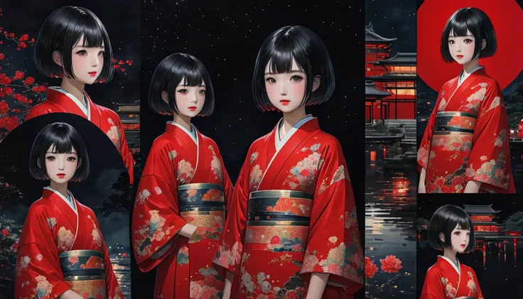 (masterpiece,  top quality),
A Japanese girl on a full moon night, a girl with straight, glossy black hair in a short bob cut hairstyle, tween, standing alone in the center of the image, with a detailed face, wearing a glamorous red kimono, the whole body ...