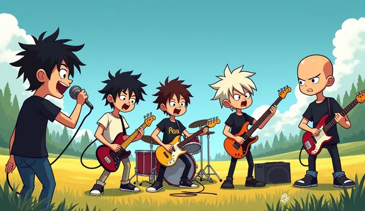 Five ren are playing music in a beautiful field  village .One is skinny and wearing a black t-shirt and holding a microphone and singing. Another is holding a microphone and shouting. Another is playing lead guitar in a connon rock style. Another is playin...