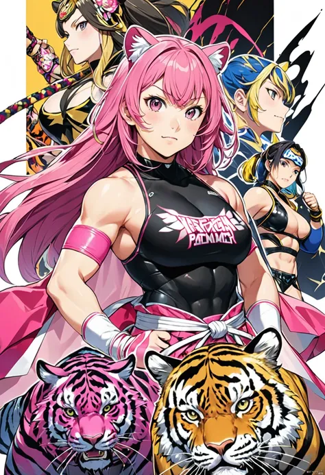  2 female pro wrestlers,【1st person.  Im competing in a title match with a rival wrestler  。 My ring name is Tiger Mask Princess  。   Im a masked wrestler with a black tiger design on pink fabric 。   My costume is also made of pink fabric with a black tige...